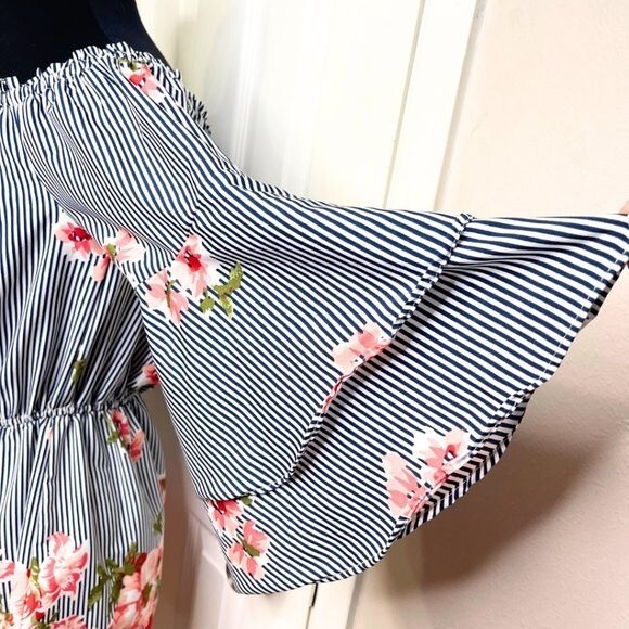 Women's Striped Floral Pattern Mini Dress Off Shoulder Size Large - Picture 8 of 15